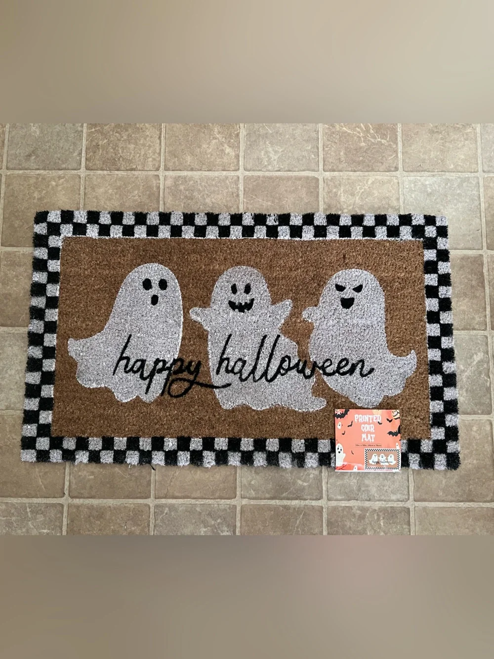 Happy Halloween Checkered Ghost Printed Coir Doormat - Black, White, Brown